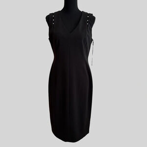 NWT Calvin Klein‎ Size 10 Black Sleeveless V Neck Pearl Accent Sheath Dress New